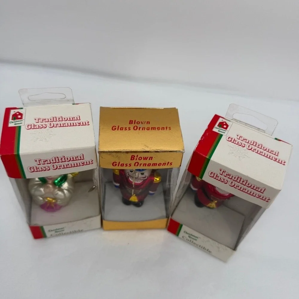 Christmas House Traditional Glass Ornaments Nutcracker Angel Blown Glass 3 Pc